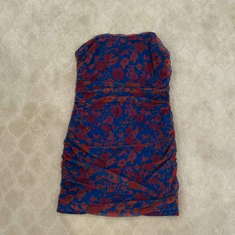 Lulus Floral Strapless Dress - Blue and Red